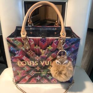 Upcycled shopping bag in clear vinyl bag. This is a very unique handmade bag